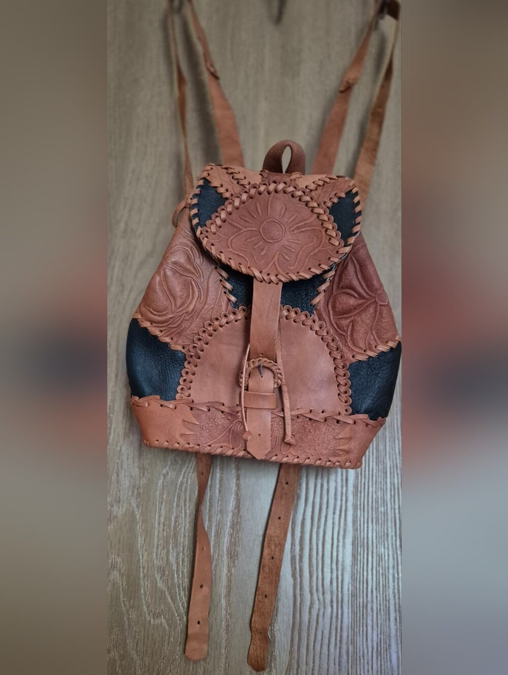 Vintage Genuine Leather Hand Tooled Boho Drawstring Backpack